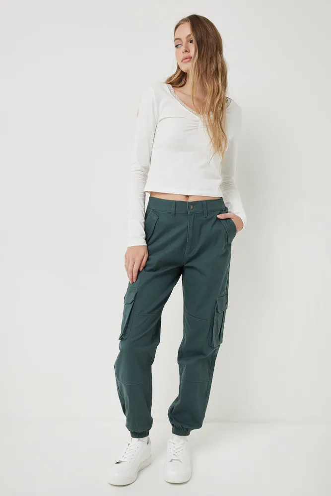 Ardene Ardene Light Twill Cargo Joggers in Dark Green | Size | Cotton/Elastane