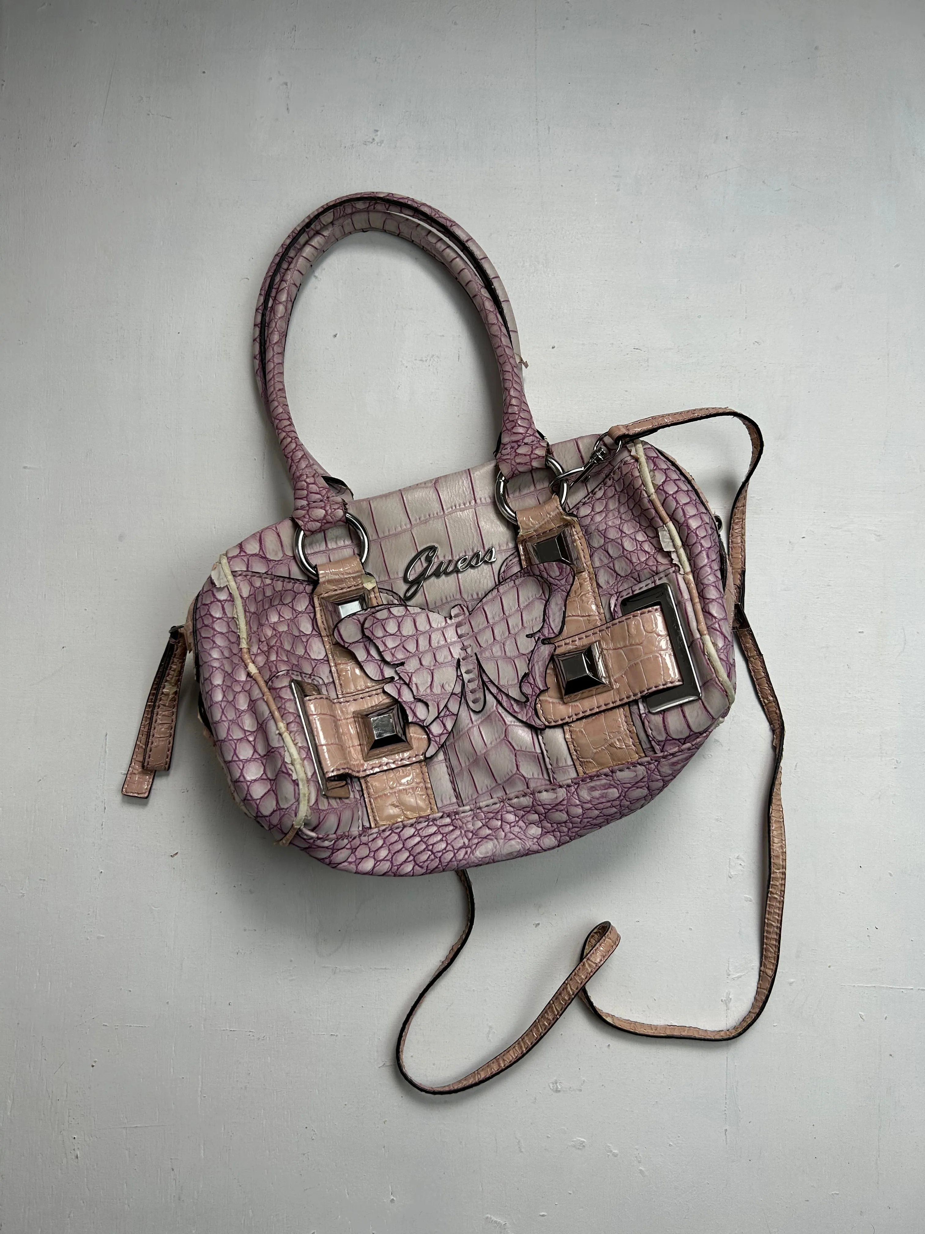 Baby pink croco y2k vintage butterfly shoulder bag + wallet