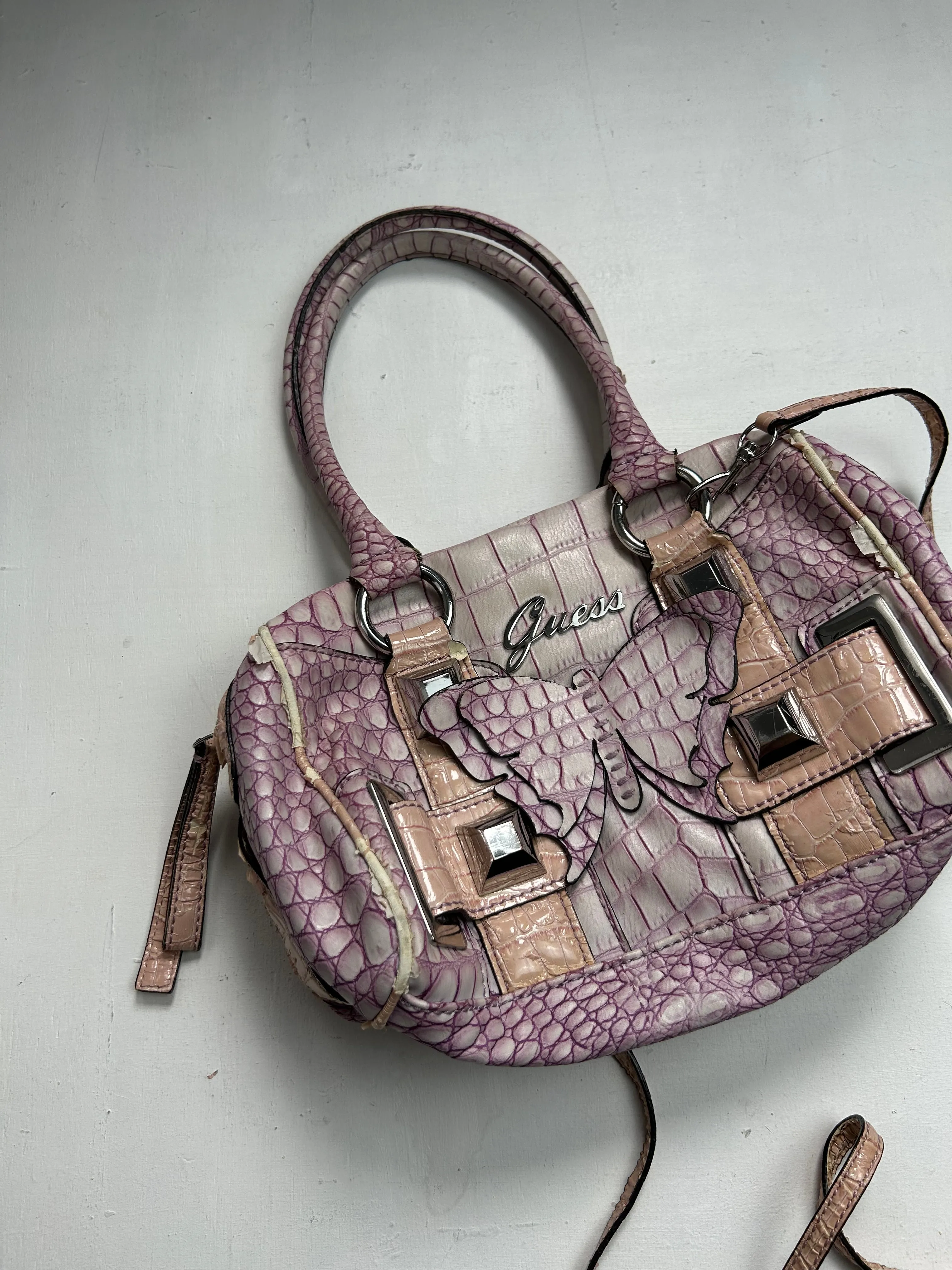 Baby pink croco y2k vintage butterfly shoulder bag + wallet