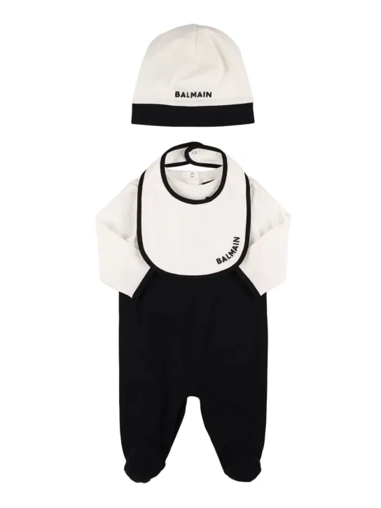 Balmain   Cotton jersey romper, hat & bib 