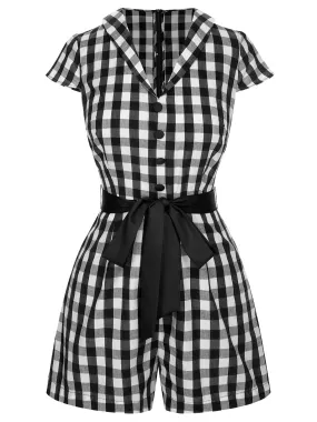 Black 1940s Lapel Plaids Belted Romper