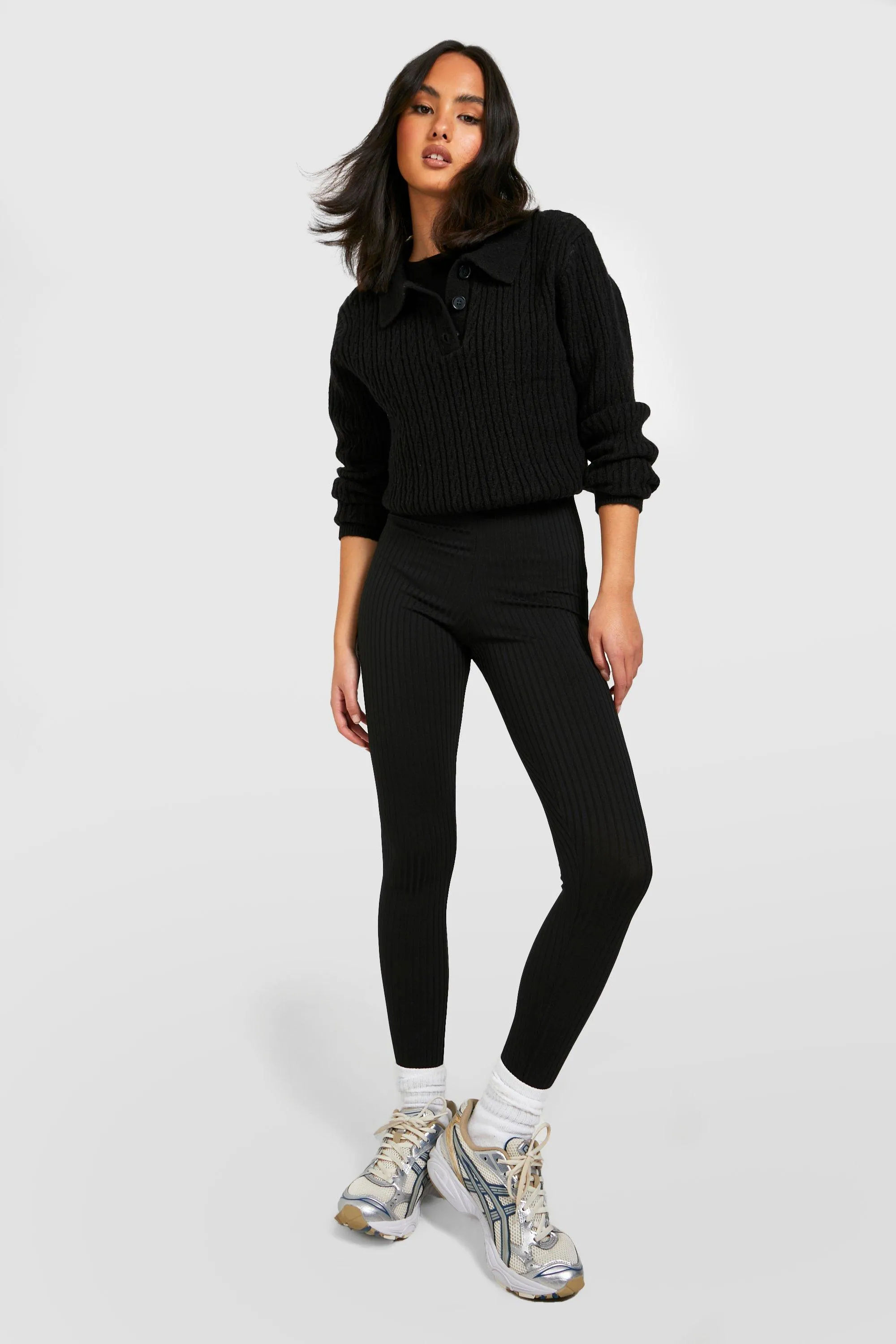 Black Thick Ribbed Mid Rise Basic Leggings