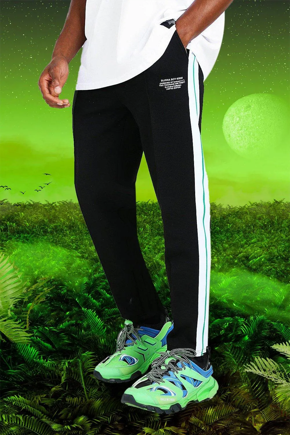 Burna Boy Slim Fit Scuba Side Tape Joggers | boohooMAN UK