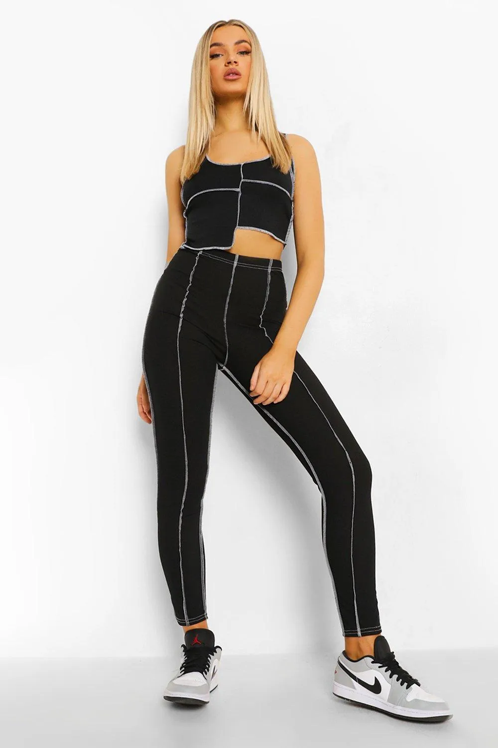 Contrast Stitch Split Hem Ribbed Leggings