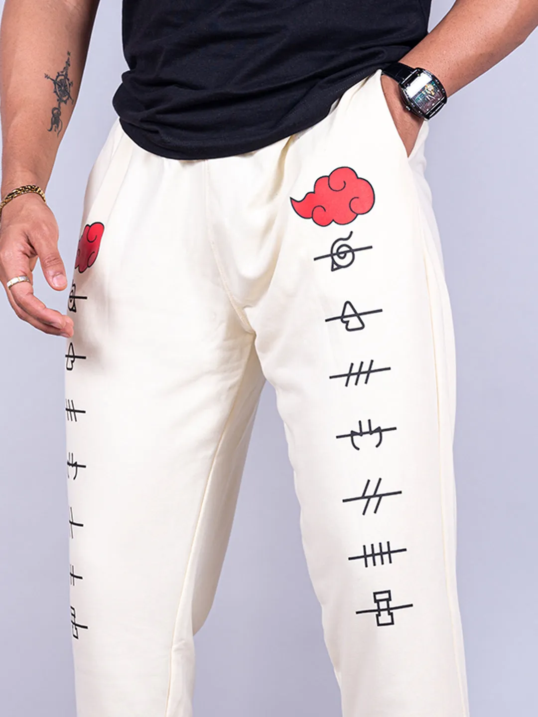 Cream Anime Akatsuki Cloud Printed Cotton Joggers