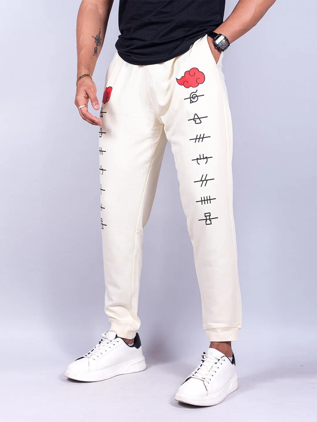 Cream Anime Akatsuki Cloud Printed Cotton Joggers