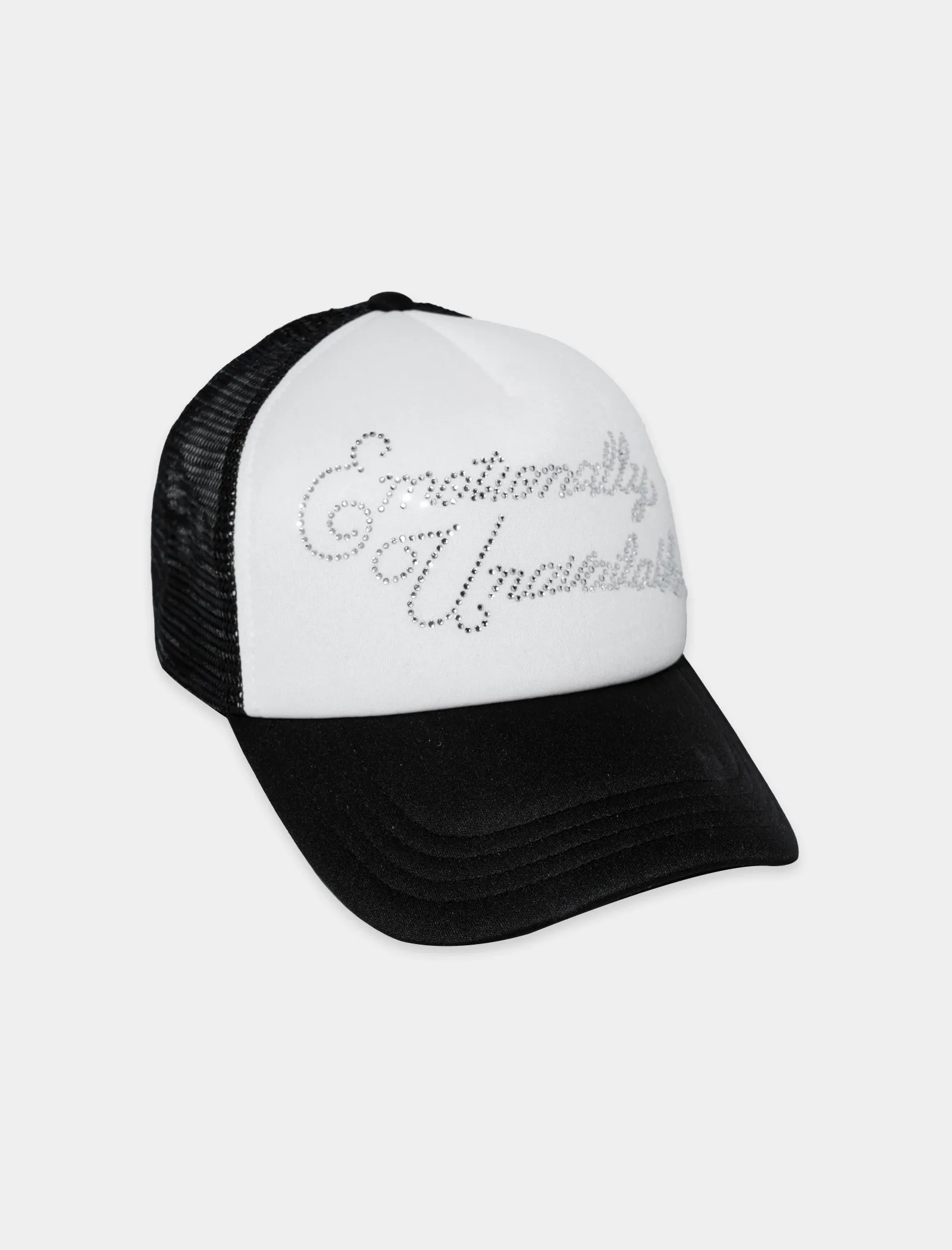 emotionally unavailable RHINESTONE TRUCKER HAT   WHITE