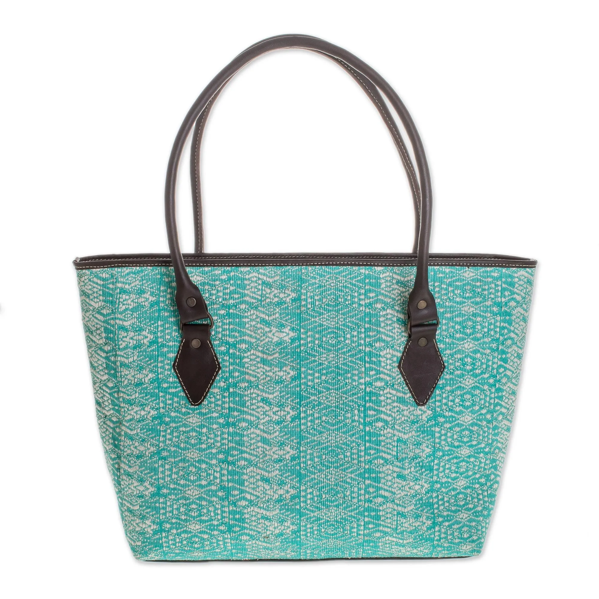 Guatemalan Ikat Guatemalan Leather Accent Cotton Shoulder Bag in Turquoise