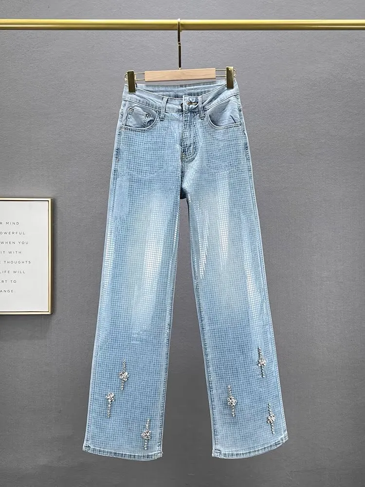 Heavy industry diamond-studded denim wide-leg pants for women thin 2024 spring and summer new high-waisted loose slimming floor-