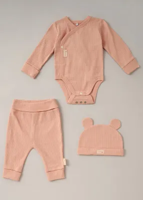 Homegrown Pink  3-Piece Ribbed Bodysuit, Joggers and Bear Hat Set