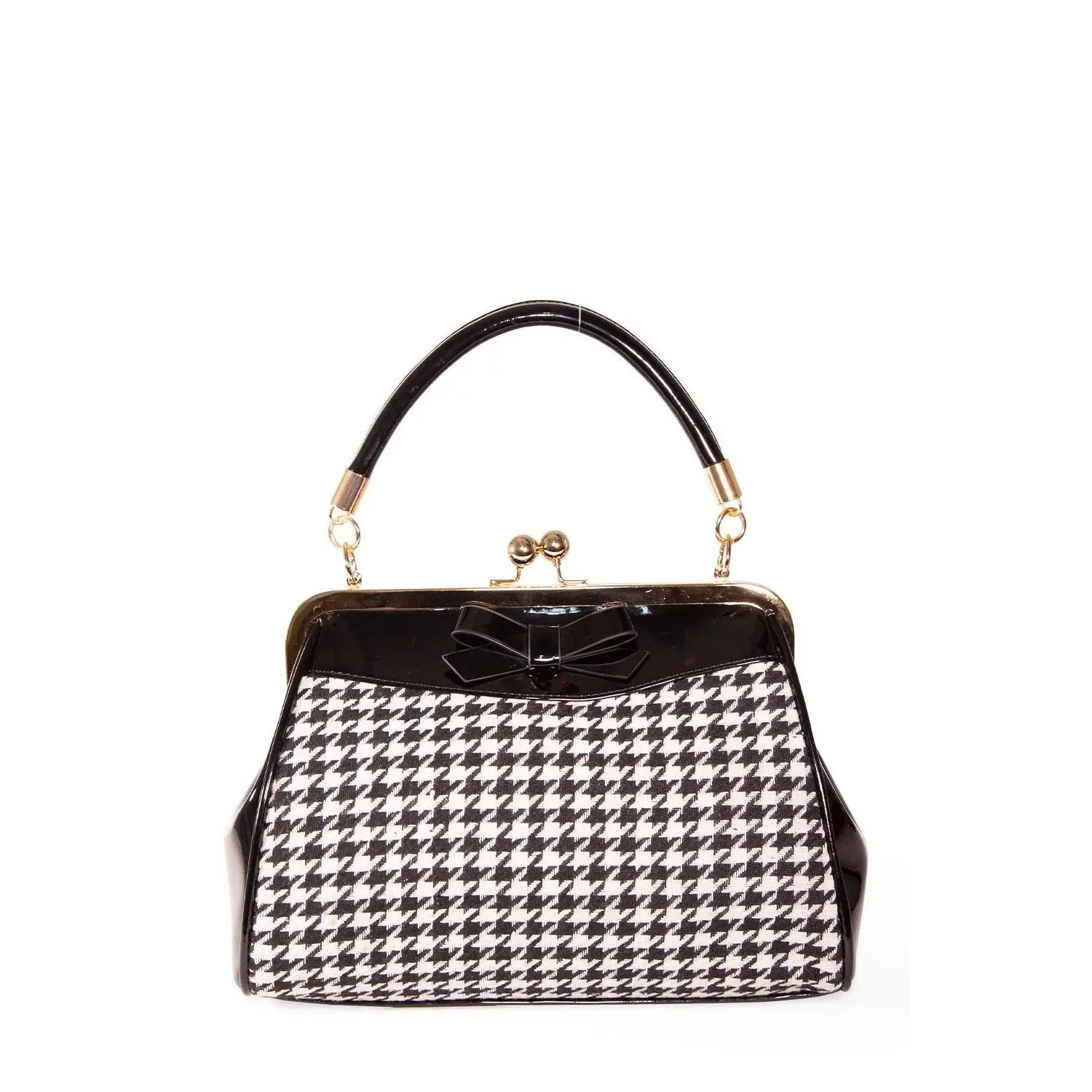 Houndstooth Check Handbag With Bow & Gold Frame