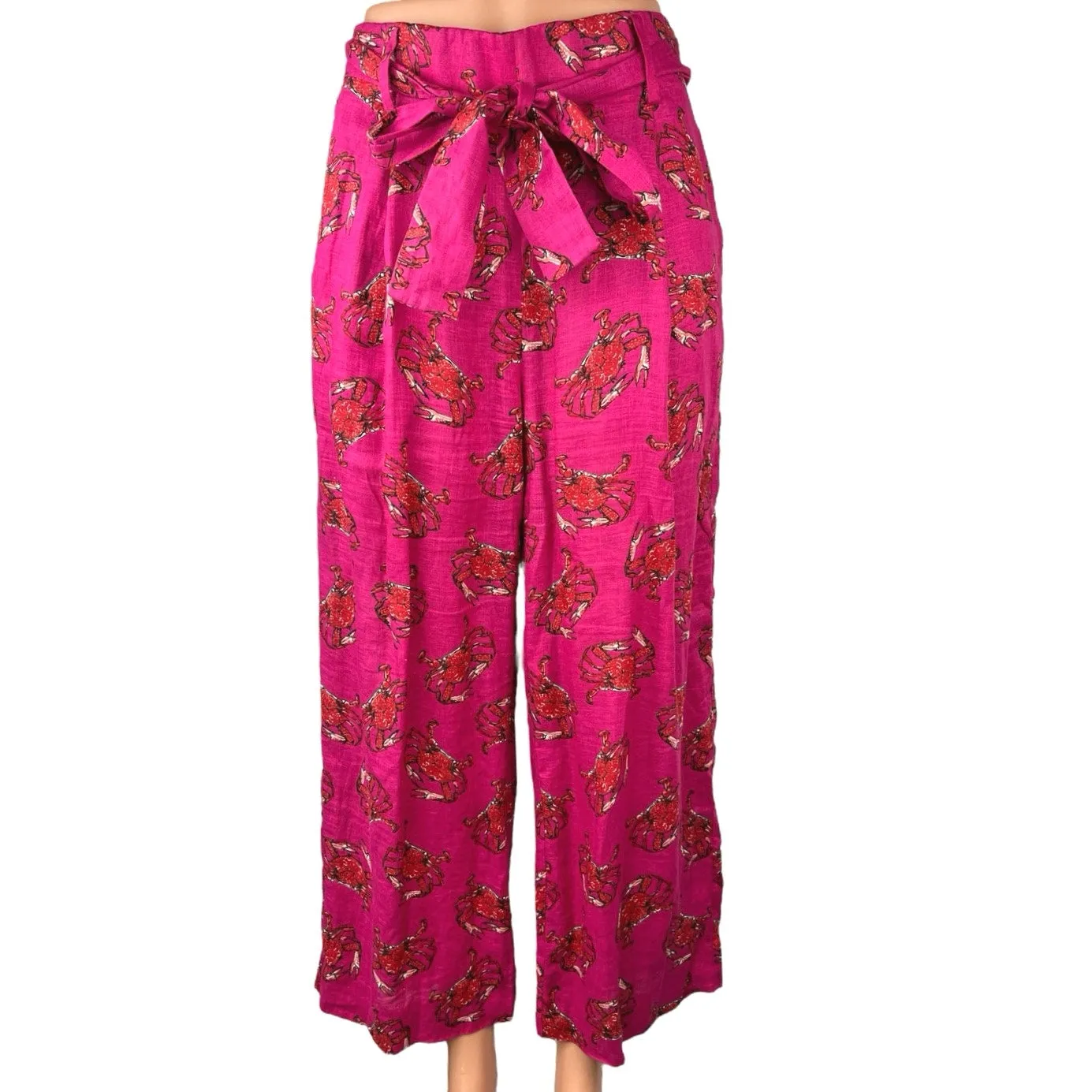 J.Crew Women's Pink 100% Linen Crab Print Wide Leg Tie Waist Trousers Pants Sz 2