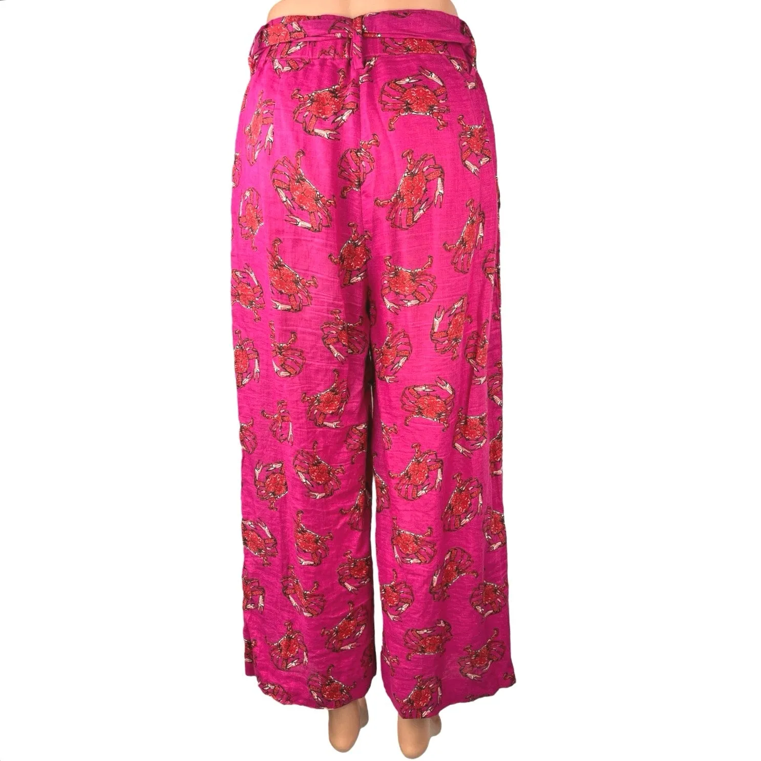 J.Crew Women's Pink 100% Linen Crab Print Wide Leg Tie Waist Trousers Pants Sz 2