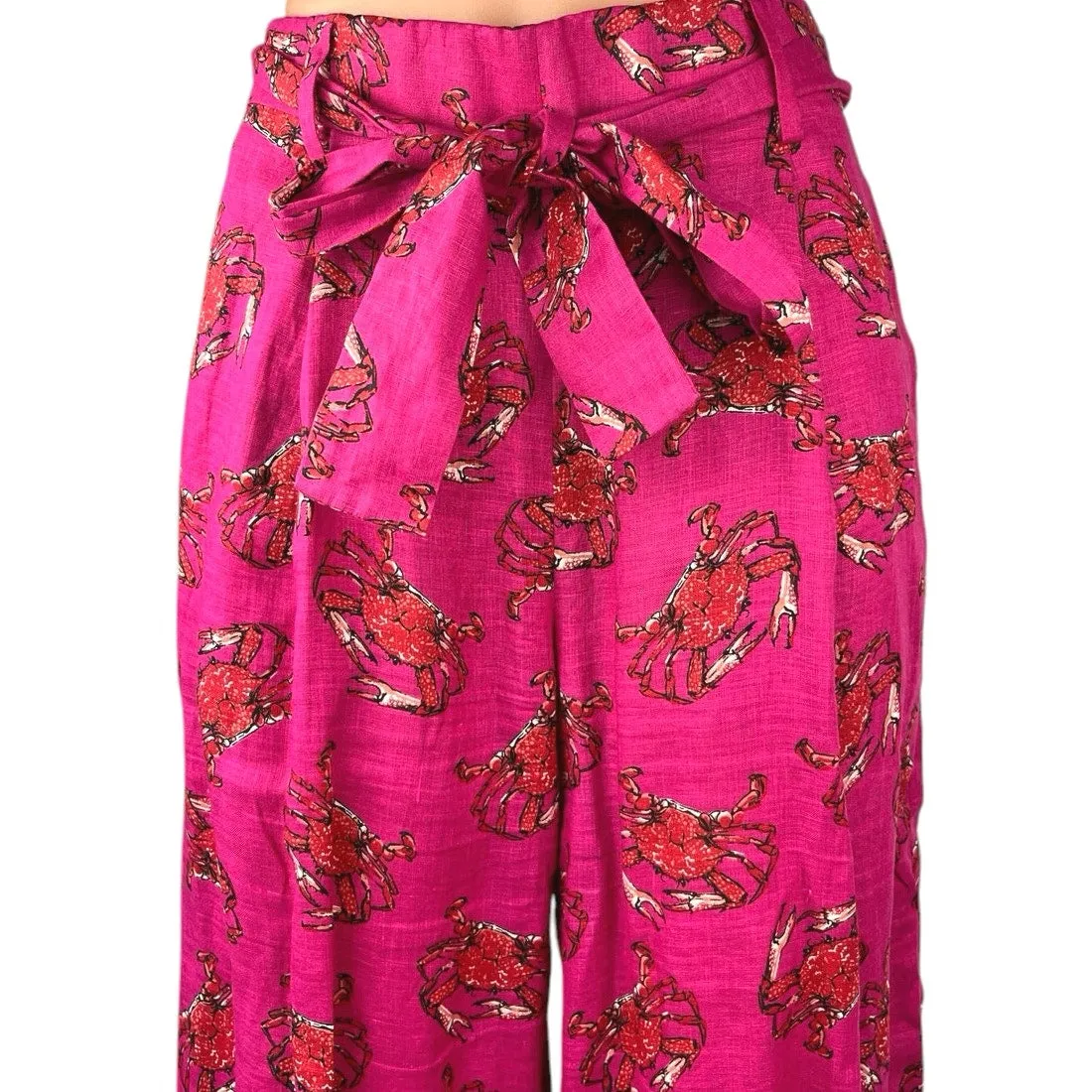 J.Crew Women's Pink 100% Linen Crab Print Wide Leg Tie Waist Trousers Pants Sz 2