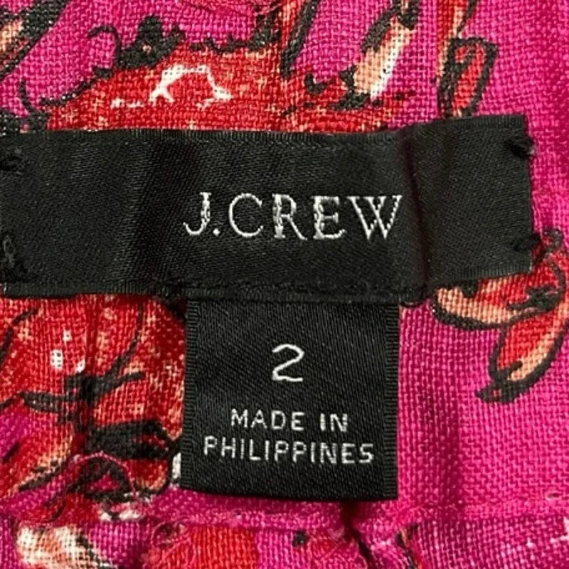 J.Crew Women's Pink 100% Linen Crab Print Wide Leg Tie Waist Trousers Pants Sz 2