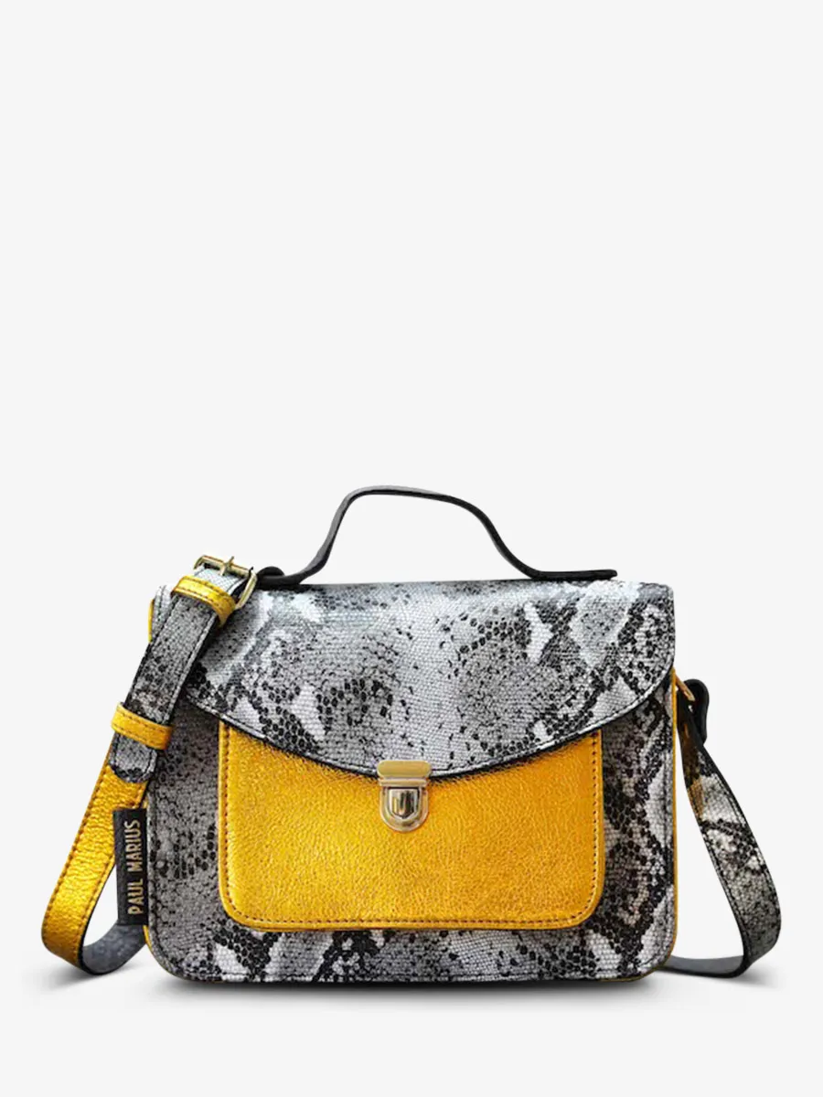 leather hand bag for woman Grey,Yellow - Mademoiselle George Python Granite Metallic Yellow | PAUL MARIUS