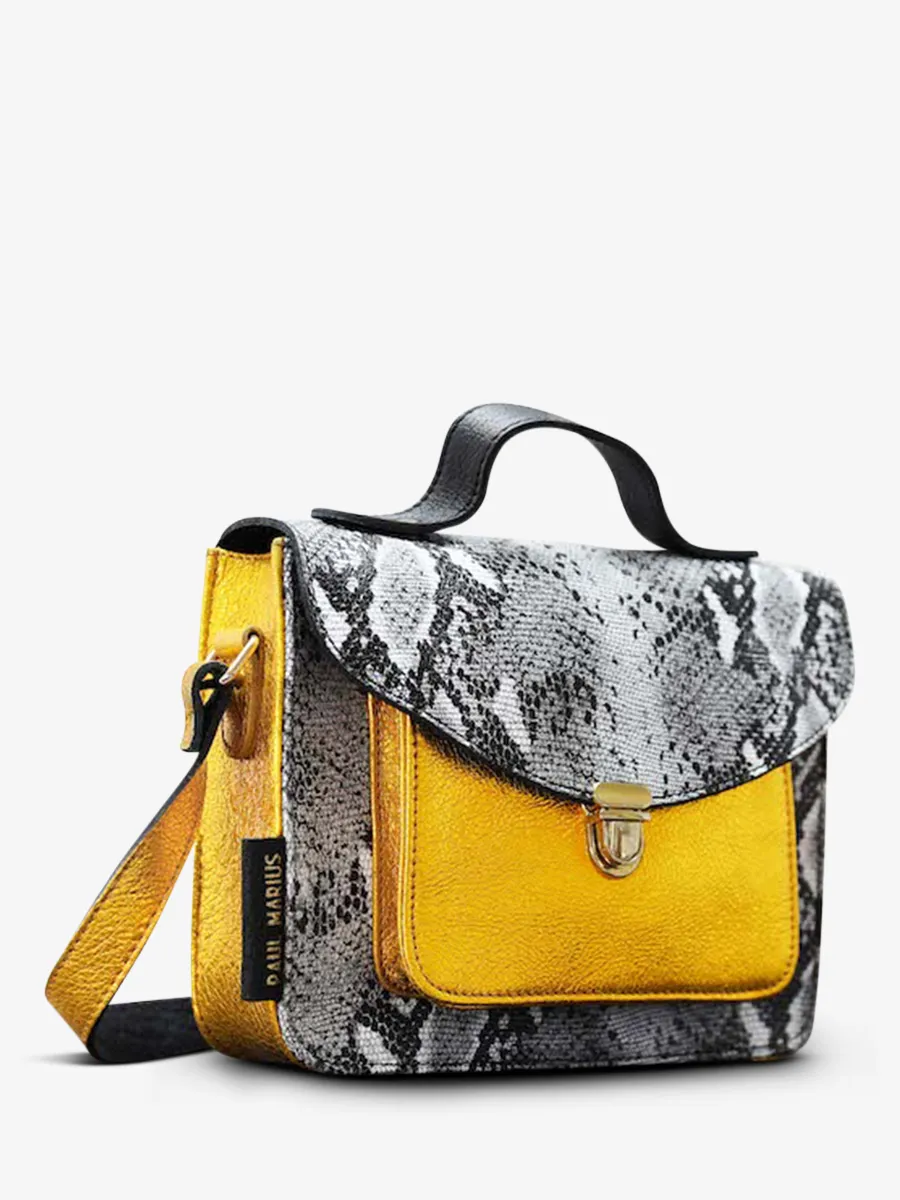 leather hand bag for woman Grey,Yellow - Mademoiselle George Python Granite Metallic Yellow | PAUL MARIUS