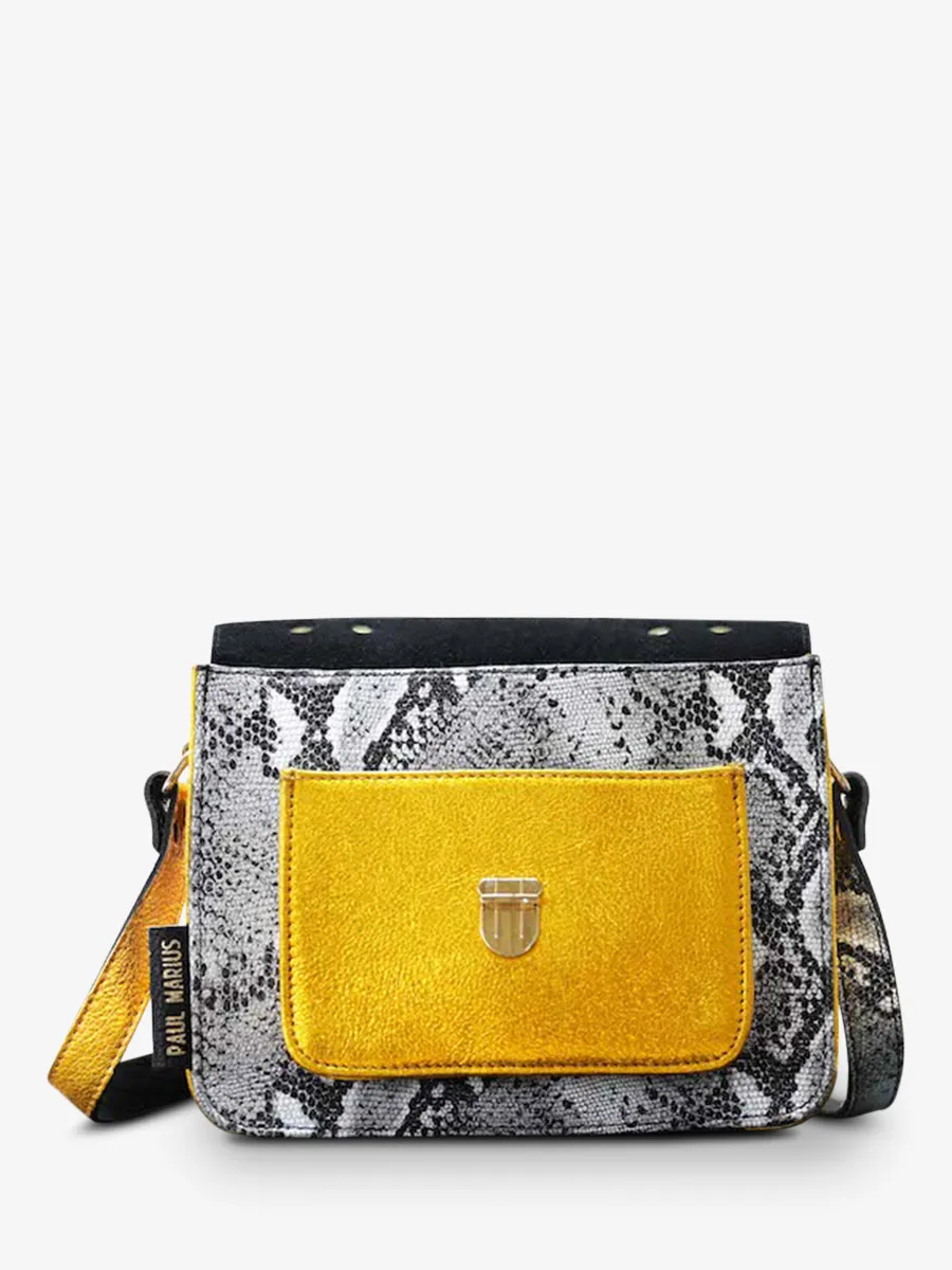 leather hand bag for woman Grey,Yellow - Mademoiselle George Python Granite Metallic Yellow | PAUL MARIUS