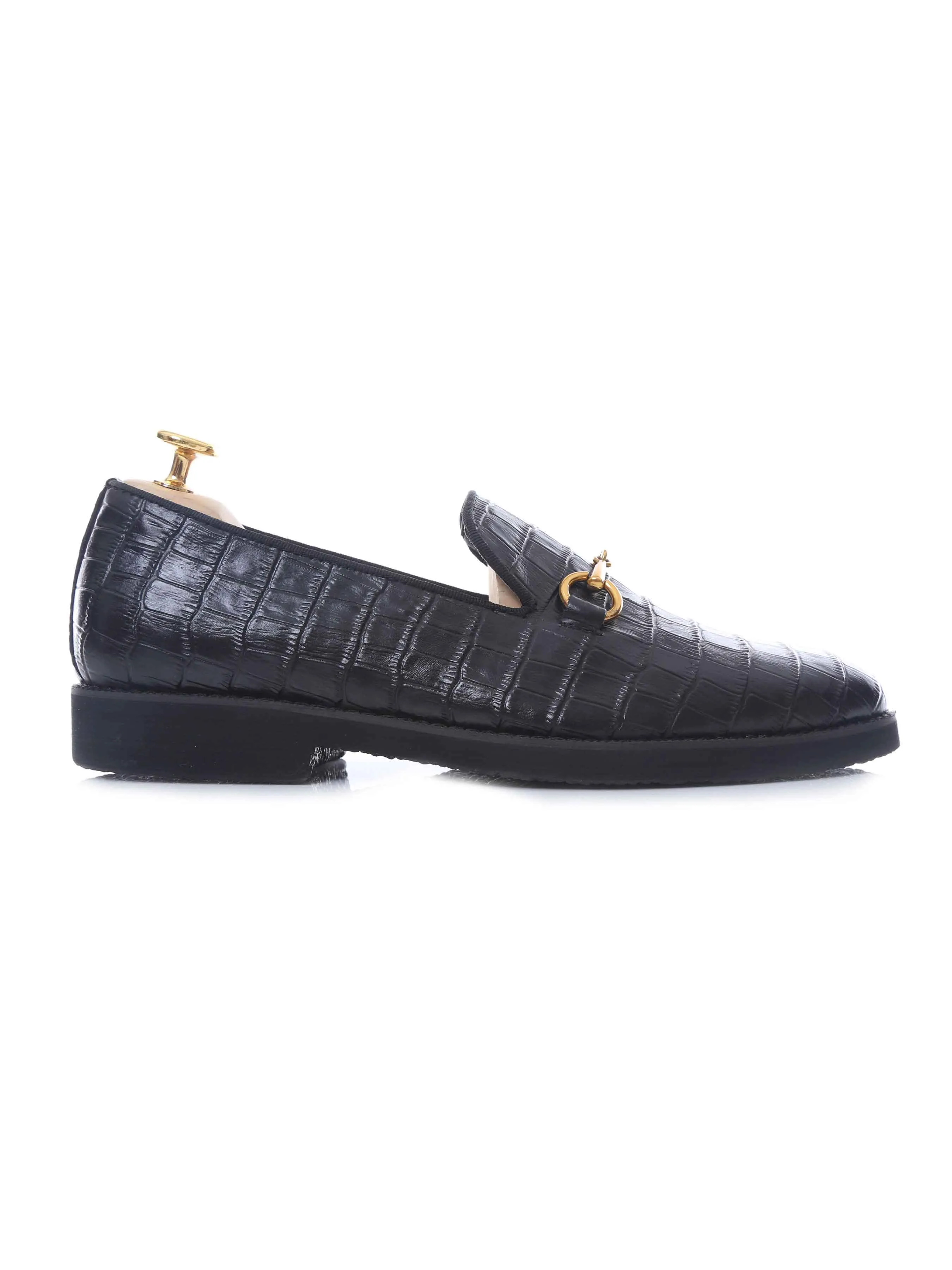 Loafer Slipper Horsebit Buckle - Black Croco Leather (Crepe Sole)