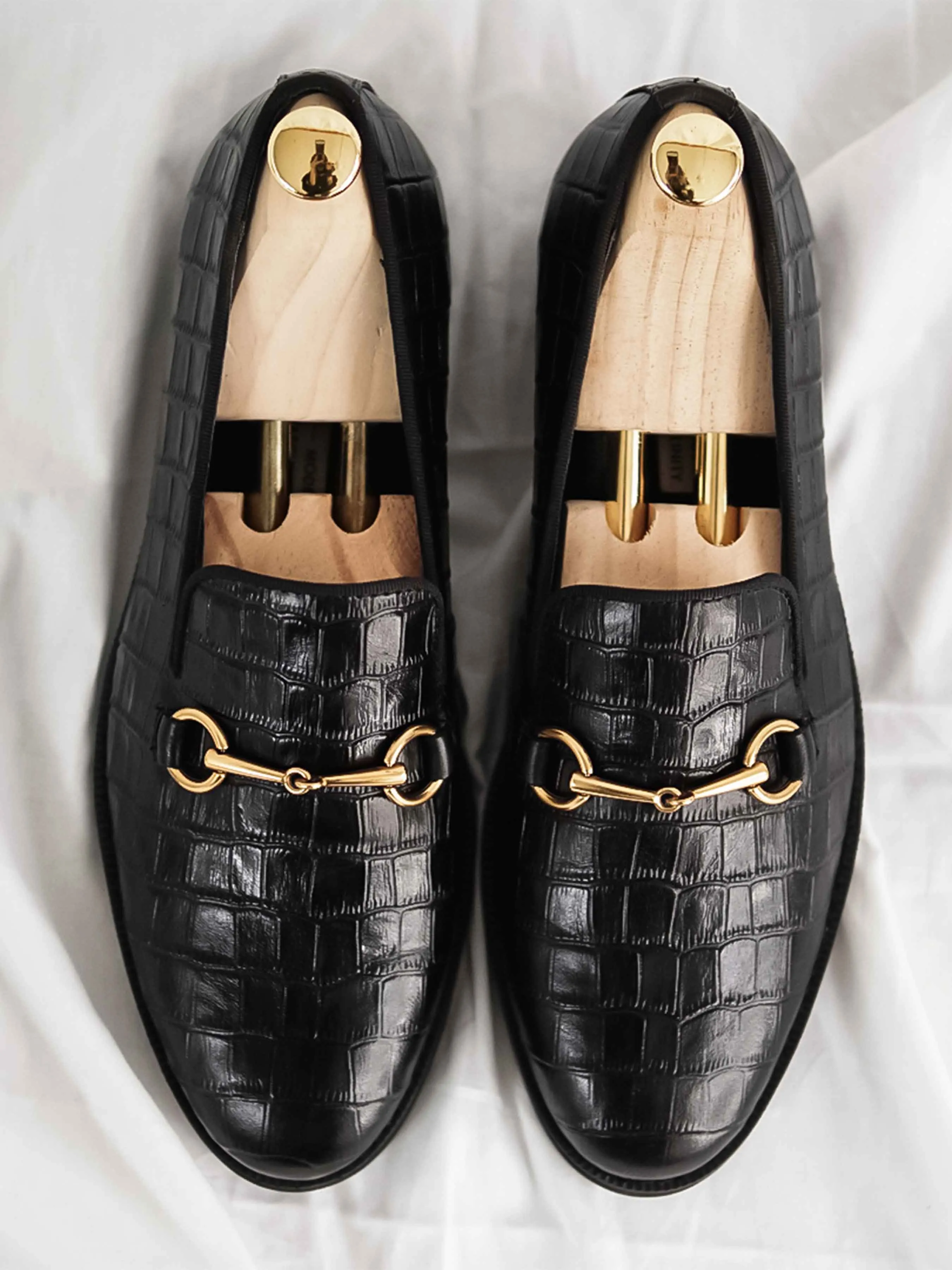 Loafer Slipper Horsebit Buckle - Black Croco Leather (Crepe Sole)