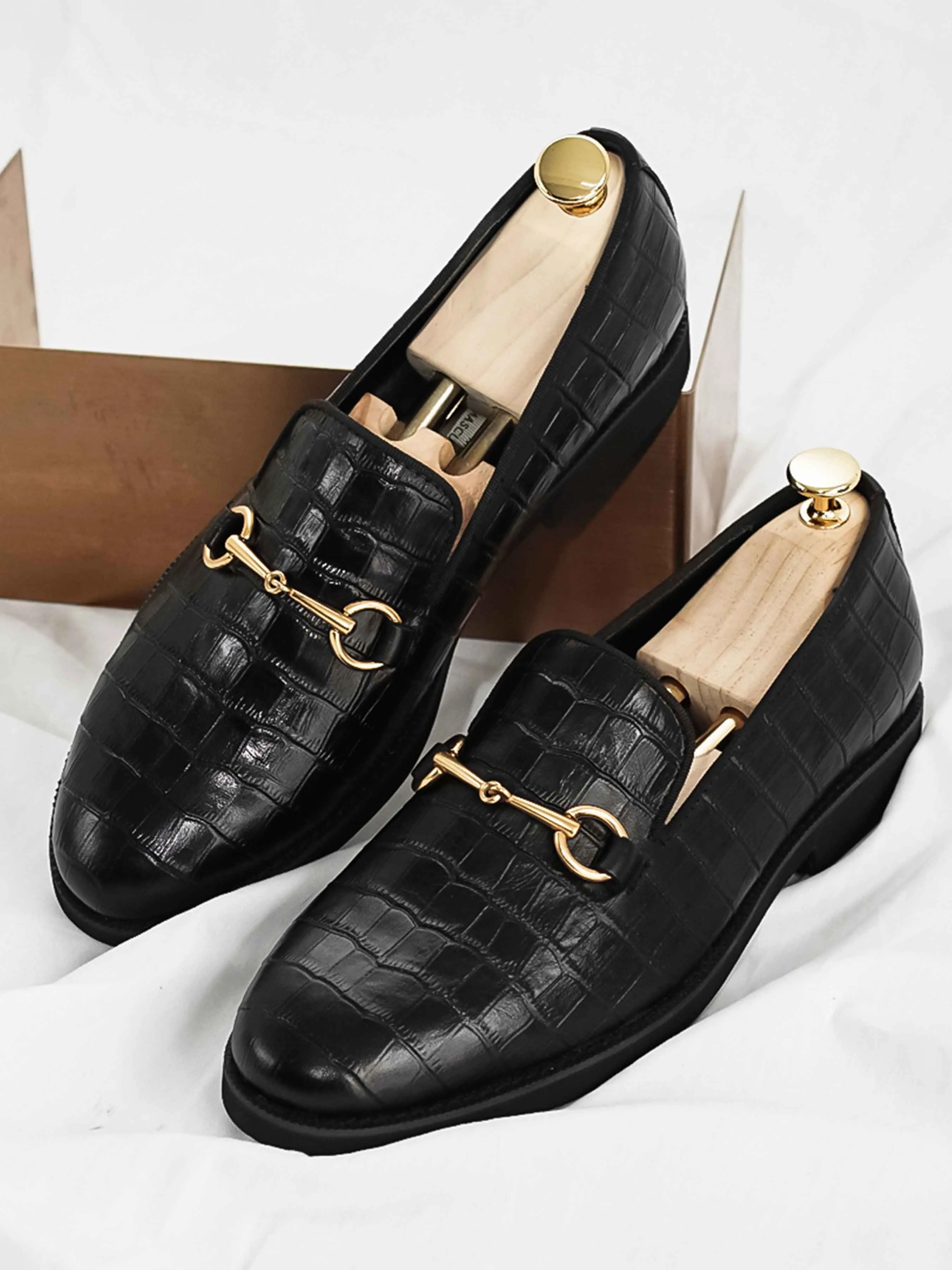 Loafer Slipper Horsebit Buckle - Black Croco Leather (Crepe Sole)