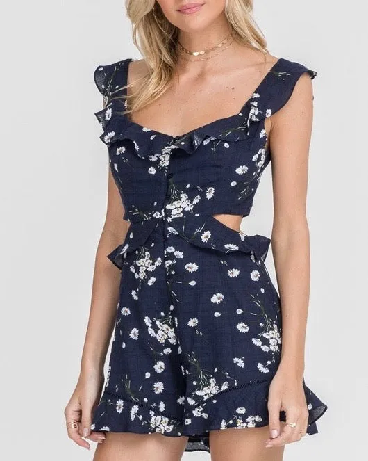 LUSH - Floral Print Romper in Navy