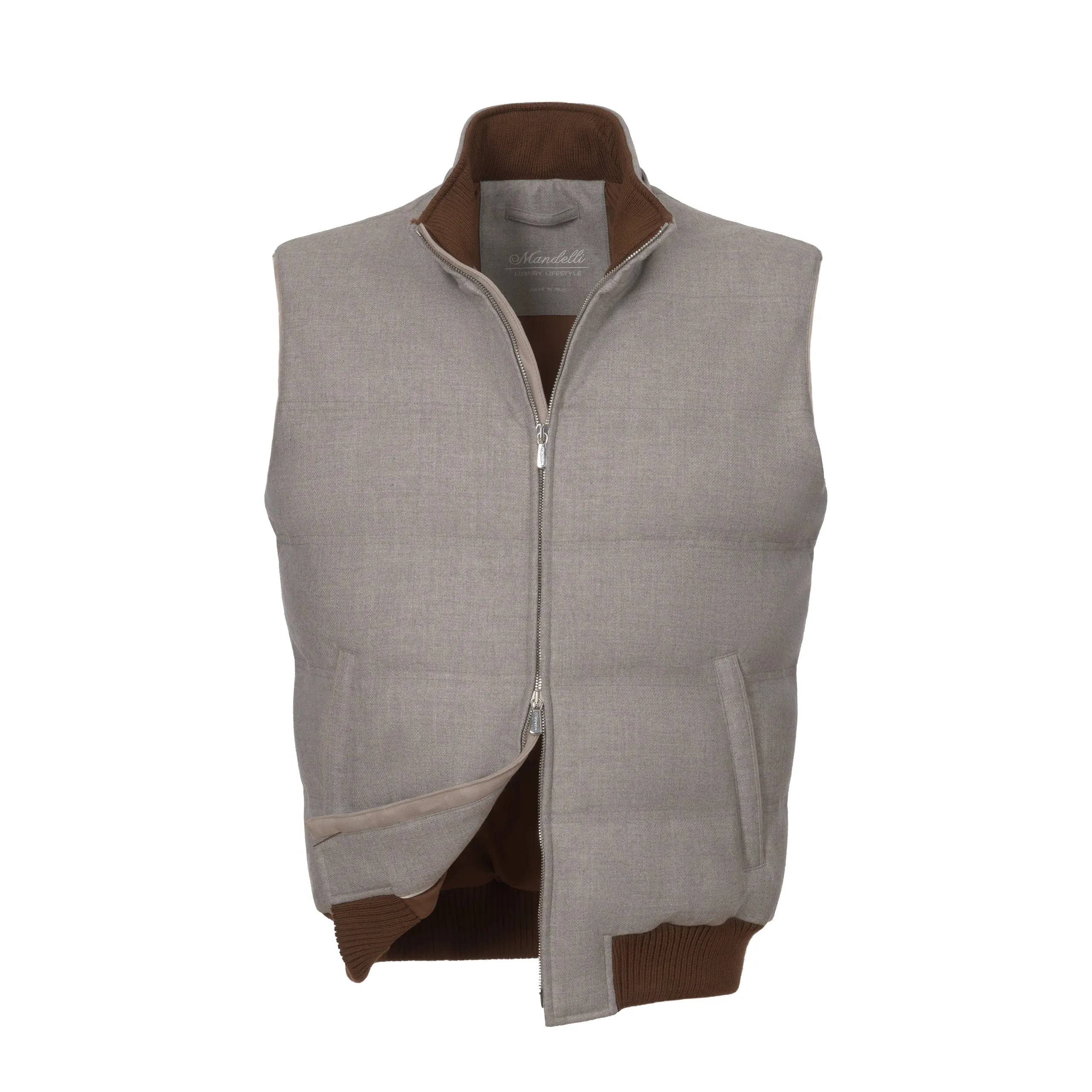  Mandelli Hooded Wool Vest in Greige Melange