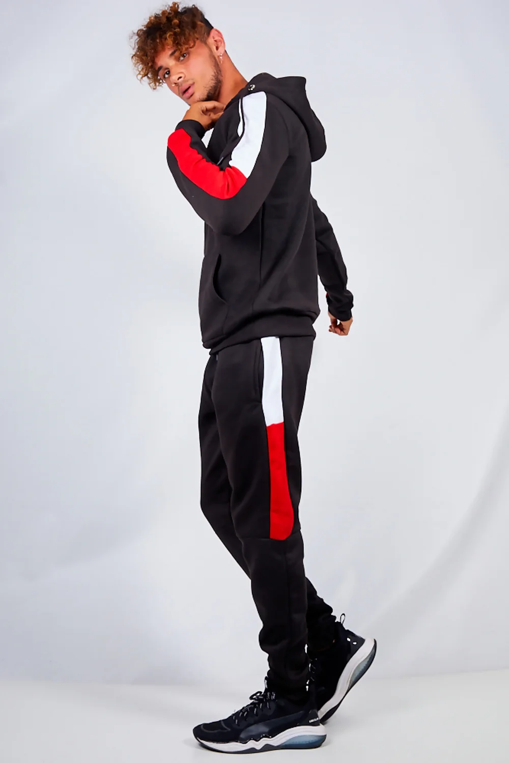 Mens Black With White And Red Side Band Pullover Tracksuit 