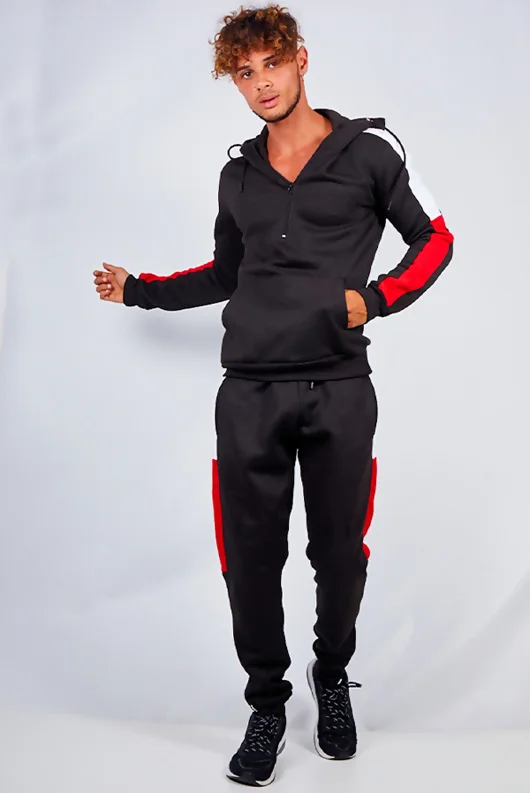 Mens Black With White And Red Side Band Pullover Tracksuit 