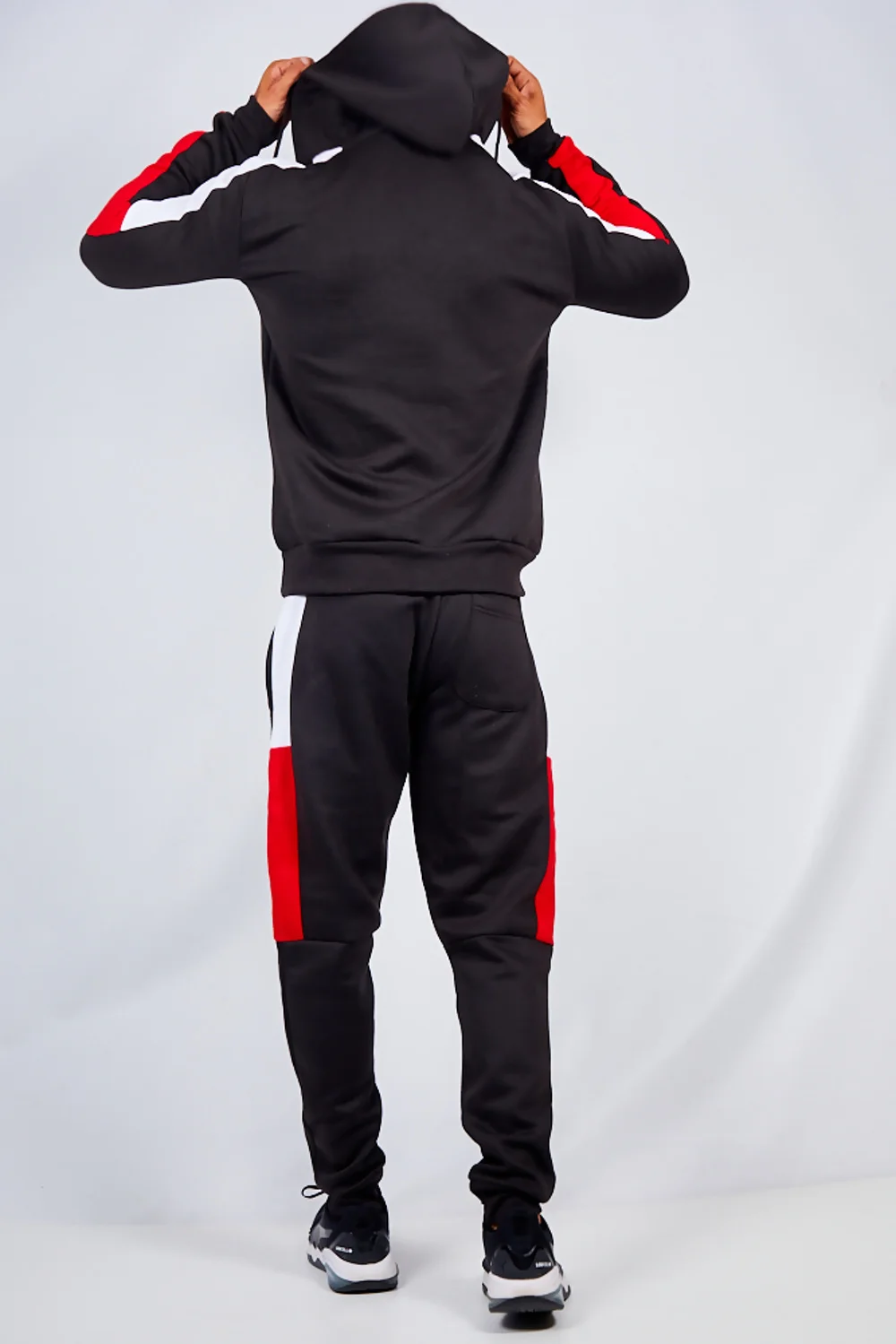 Mens Black With White And Red Side Band Pullover Tracksuit 