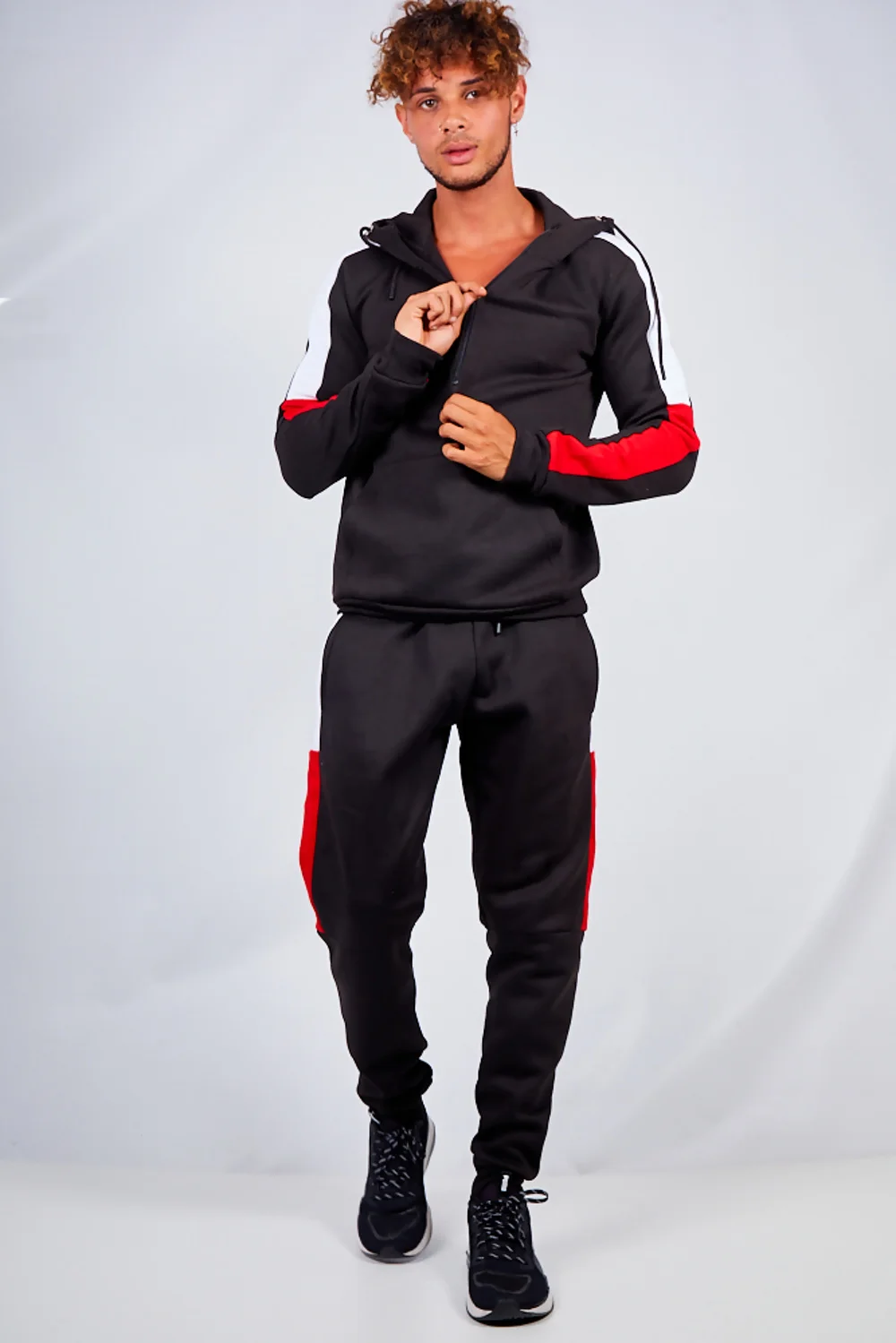 Mens Black With White And Red Side Band Pullover Tracksuit 