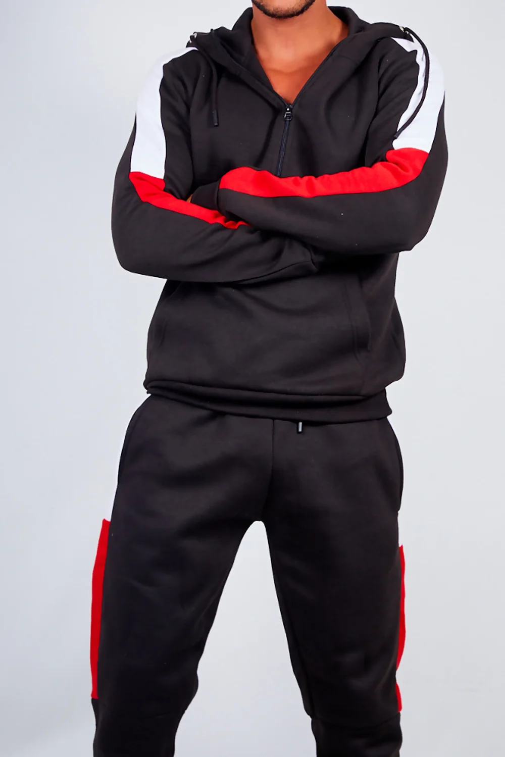 Mens Black With White And Red Side Band Pullover Tracksuit 