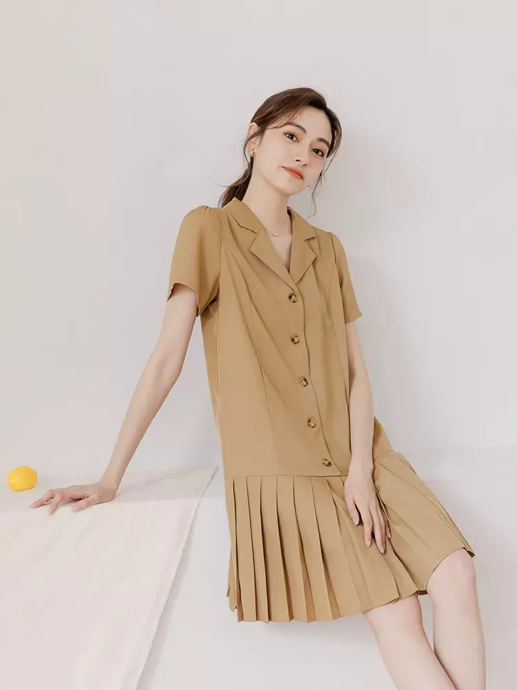 OBSTYLE Pleated Short Sleeve Short Dress [DA10017]