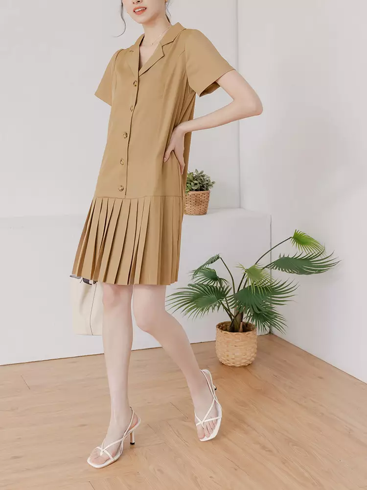 OBSTYLE Pleated Short Sleeve Short Dress [DA10017]