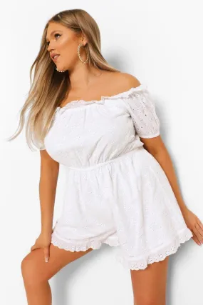 Plus Off Shoulder Eyelet Anglaise Romper