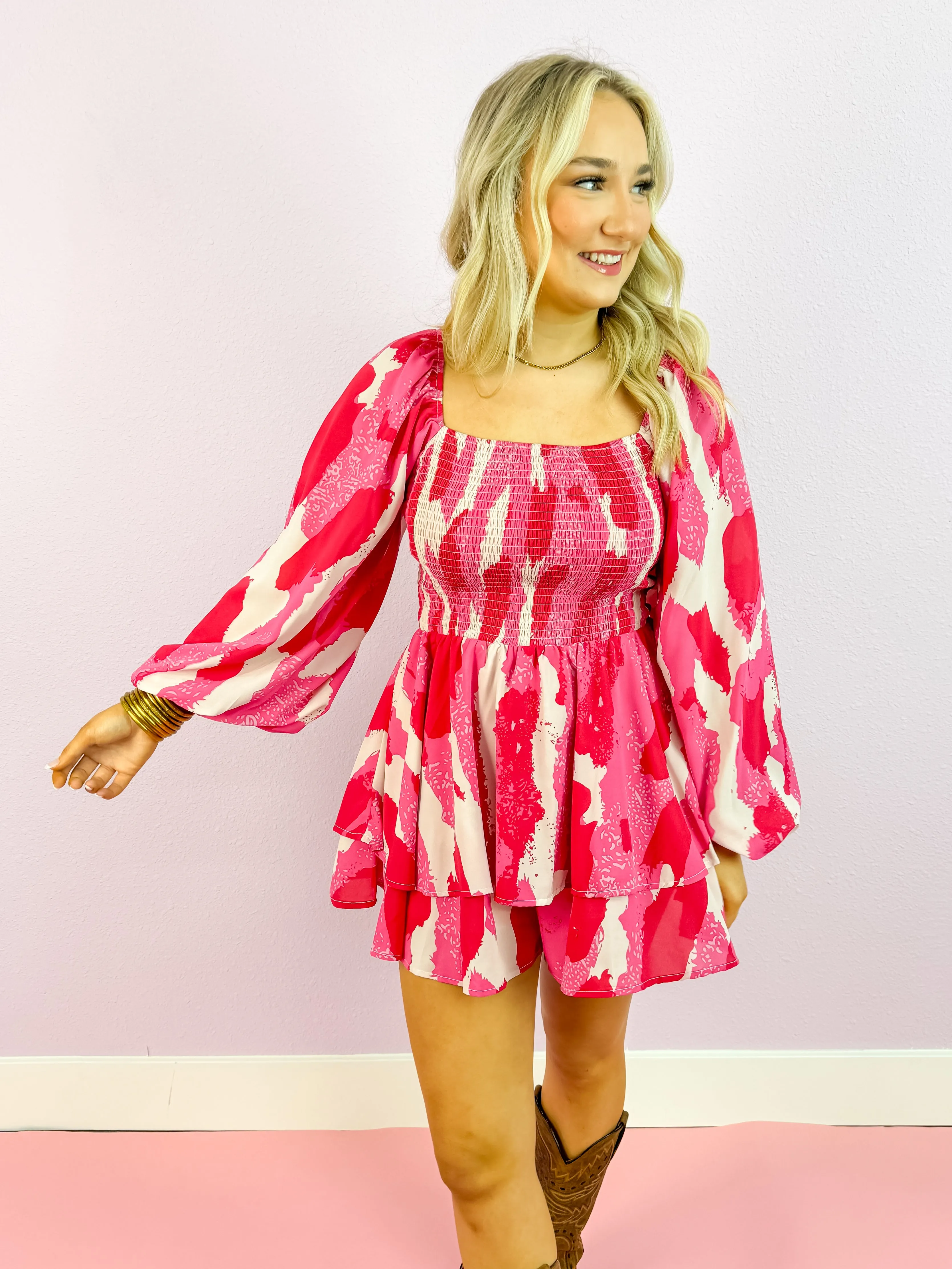 Printed Square Neck Long Sleeve Tiered Romper