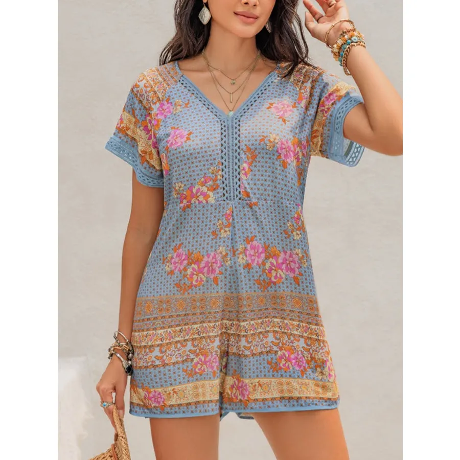 Printed V-Neck Short Sleeve Romper