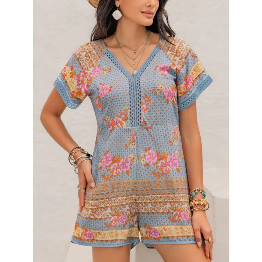 Printed V-Neck Short Sleeve Romper