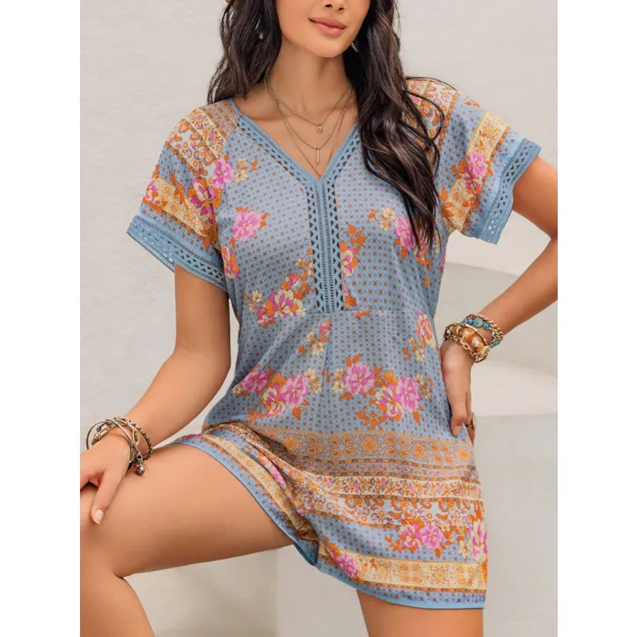 Printed V-Neck Short Sleeve Romper