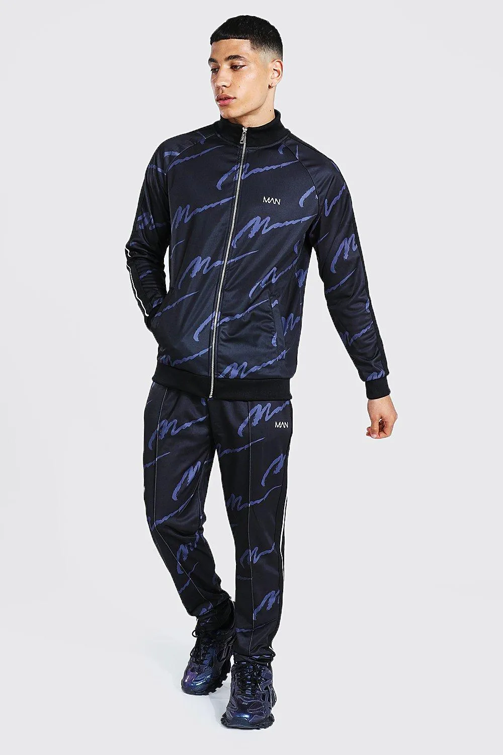 Repeat Man Funnel Neck Tape Tricot Tracksuit | boohooMAN UK