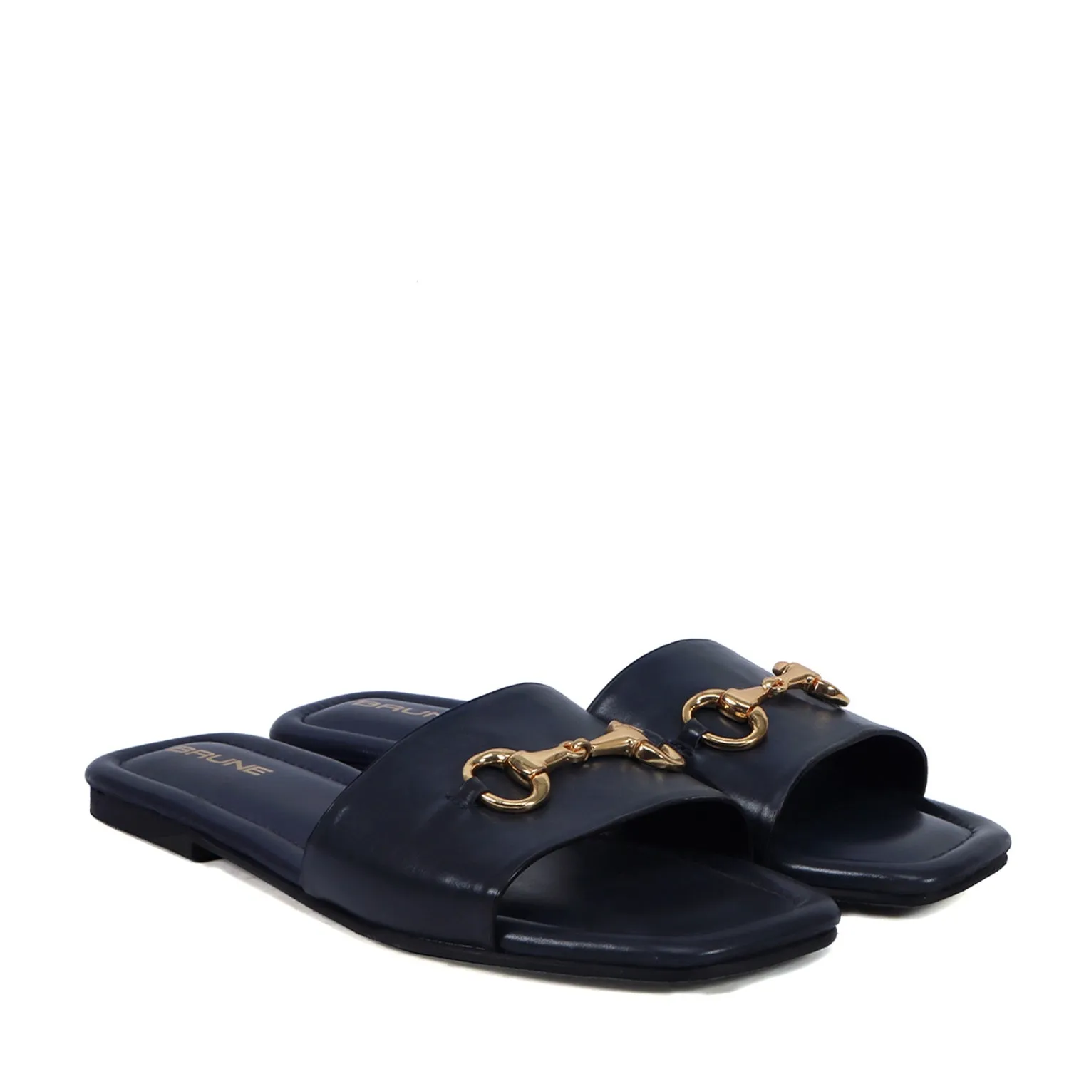 Slider in Slipper with Stylish Horse-Bit Detail Genuine Navy Blue Leather