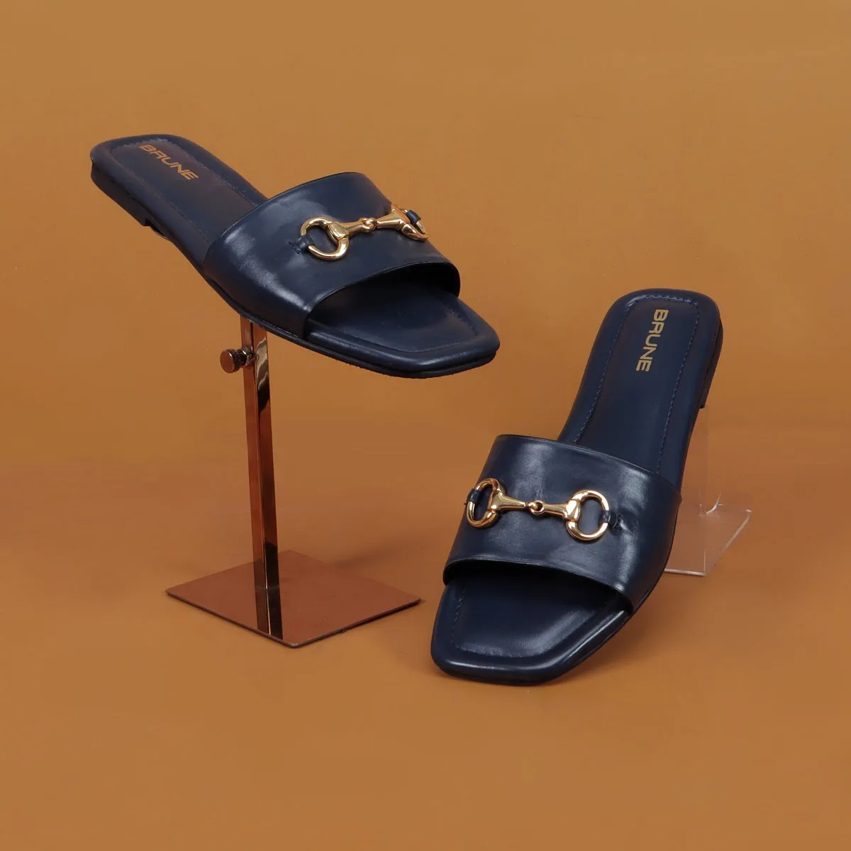 Slider in Slipper with Stylish Horse-Bit Detail Genuine Navy Blue Leather