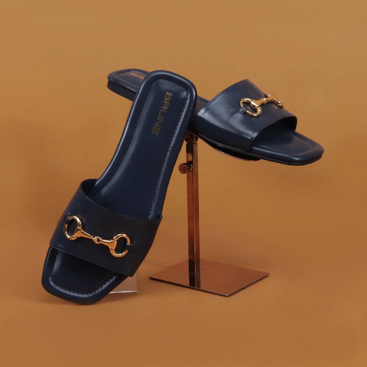 Slider in Slipper with Stylish Horse-Bit Detail Genuine Navy Blue Leather