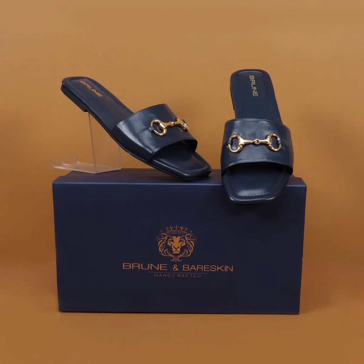 Slider in Slipper with Stylish Horse-Bit Detail Genuine Navy Blue Leather