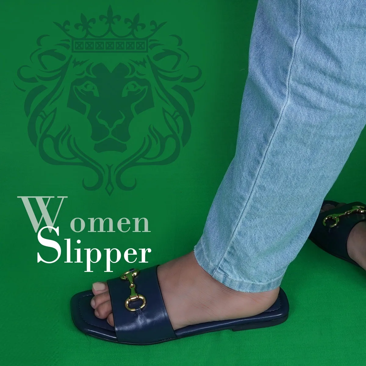 Slider in Slipper with Stylish Horse-Bit Detail Genuine Navy Blue Leather