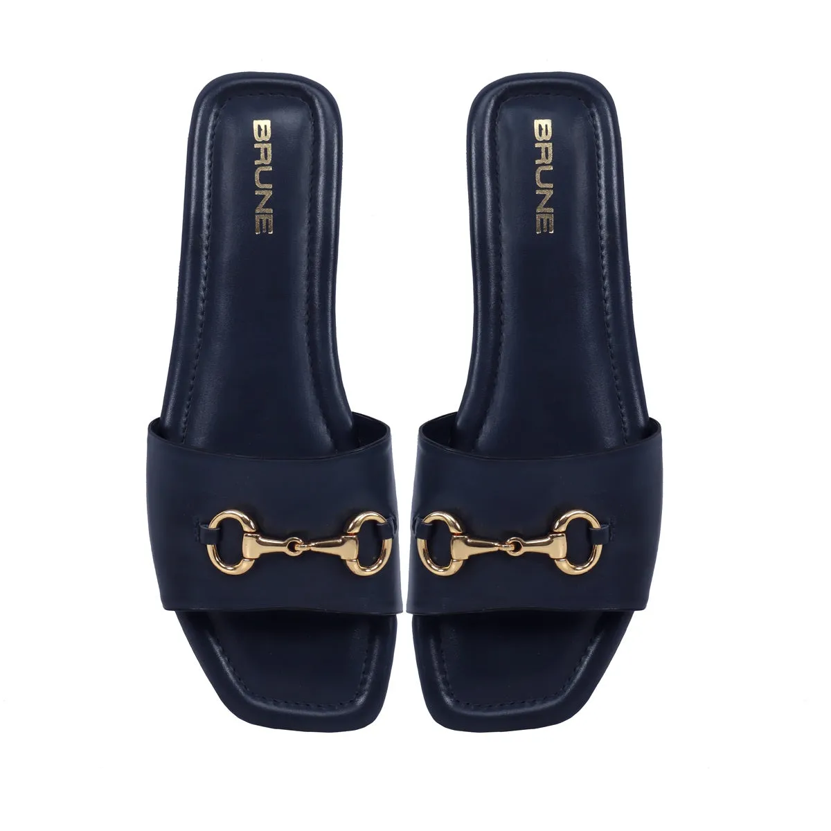 Slider in Slipper with Stylish Horse-Bit Detail Genuine Navy Blue Leather