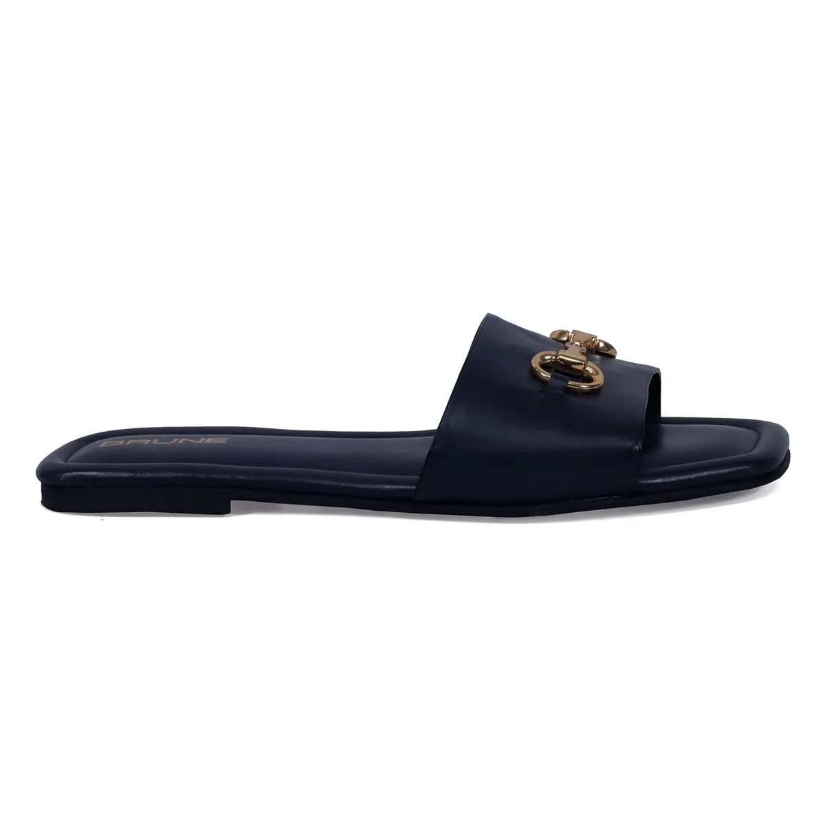 Slider in Slipper with Stylish Horse-Bit Detail Genuine Navy Blue Leather