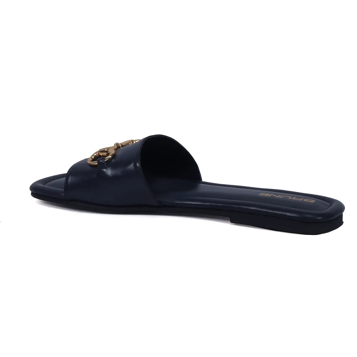 Slider in Slipper with Stylish Horse-Bit Detail Genuine Navy Blue Leather