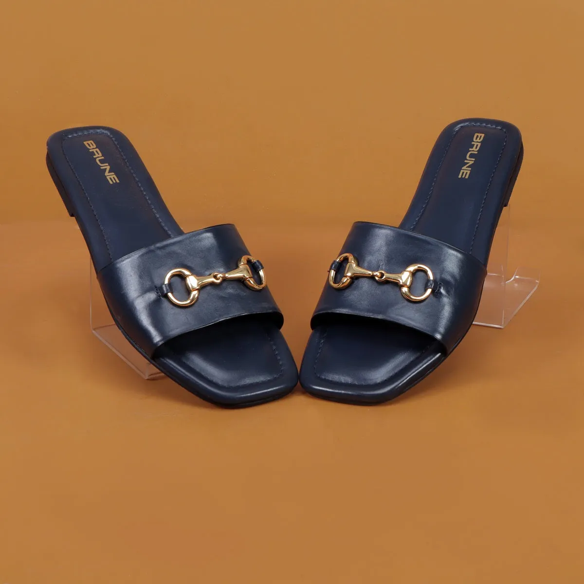 Slider in Slipper with Stylish Horse-Bit Detail Genuine Navy Blue Leather