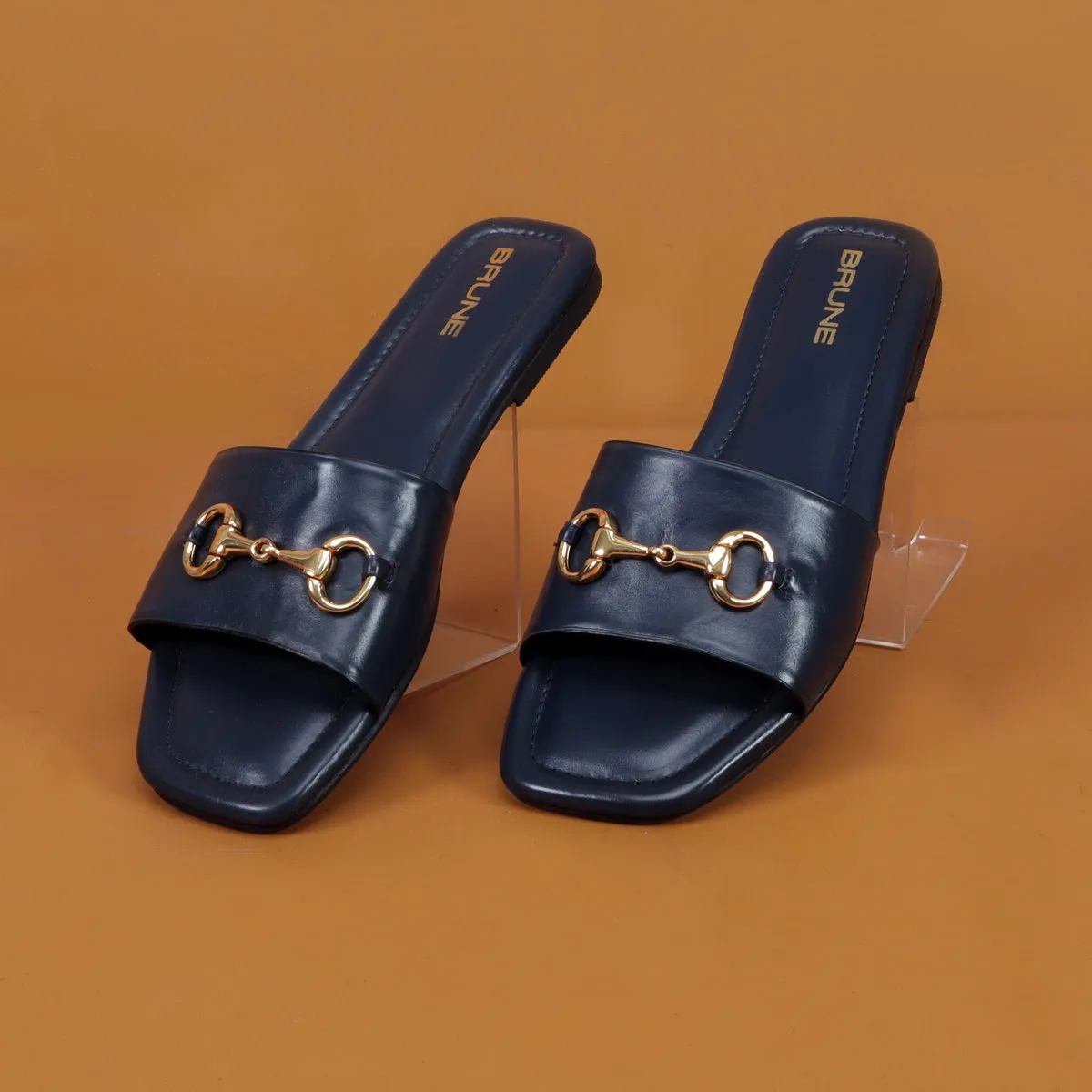 Slider in Slipper with Stylish Horse-Bit Detail Genuine Navy Blue Leather